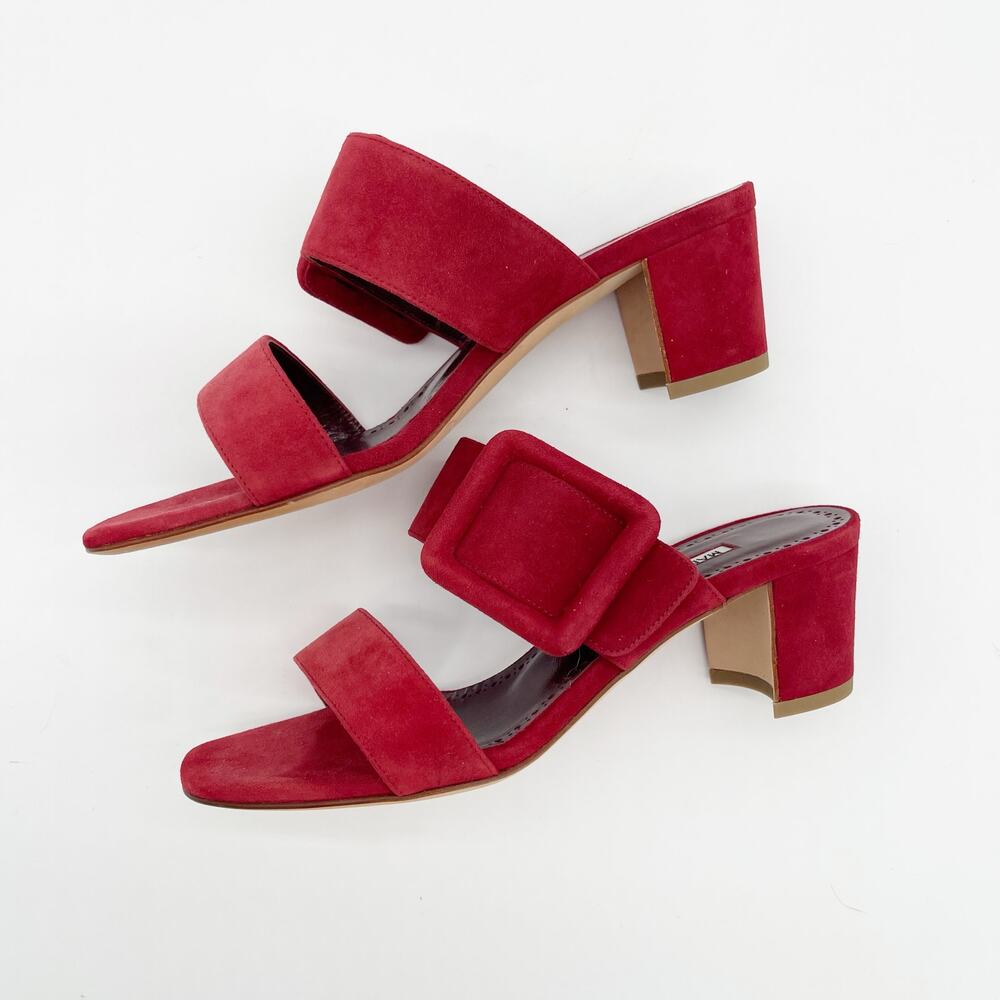 Manolo Blahnik Titubanew Red Suede Open Toe Buckle Mule Sandals Heels IT 37 - Picture 6 of 12